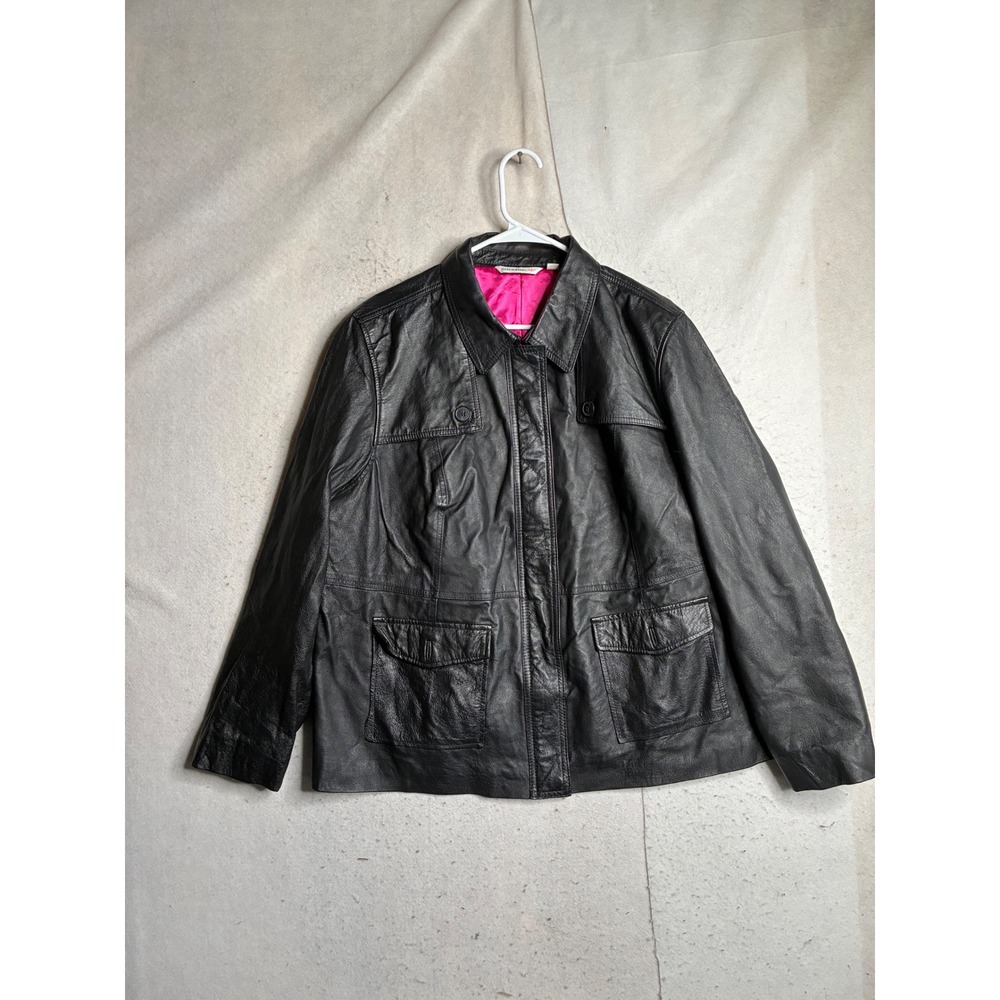 Isaac Mizrahi Live Black Genuine Leather Jacket Pink Lining Plus Size 2X Utility